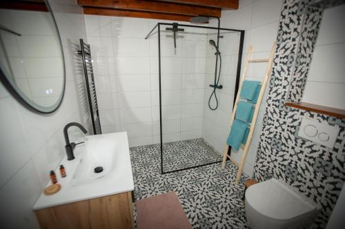 a bathroom with a shower and a sink and a toilet at Bed & Breakfast Bakker Meijer in Heemskerk