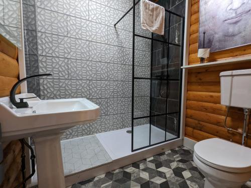 a bathroom with a shower and a toilet and a sink at Kaoglen-Spruce-Hot Tub-Forrest Setting-Pet Friendly in Balnald