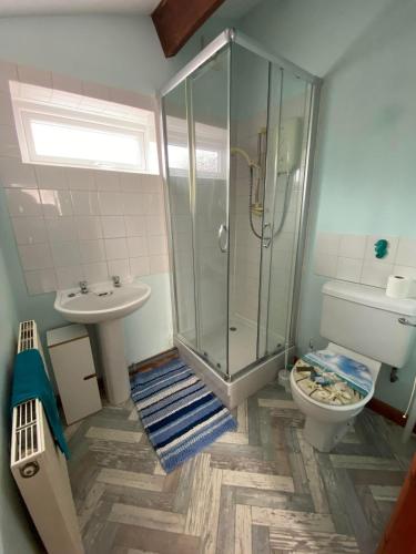 La salle de bains est pourvue d'une douche, de toilettes et d'un lavabo. dans l'établissement The Coach House By The Sea, à Mablethorpe