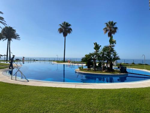 a swimming pool with palm trees and the beach at MI CAPRICHO, Beach Front Apartment P14 3ºB in Mijas Costa