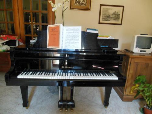 a black piano with a book on top of it at Farmstay Agriturismo La Fonte in Belforte del Chienti