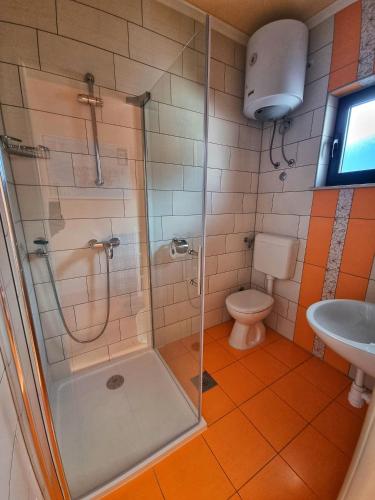 a bathroom with a shower and a toilet at Apartments Luza in Lastovo