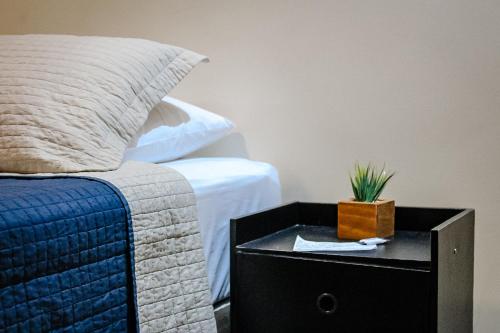 a bedroom with a bed and a night stand with a plant on it at Pousada Sete Mares in Maragogi