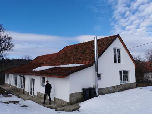 a man standing in front of a white house at Casa Roma Lac in Brebu Nou
