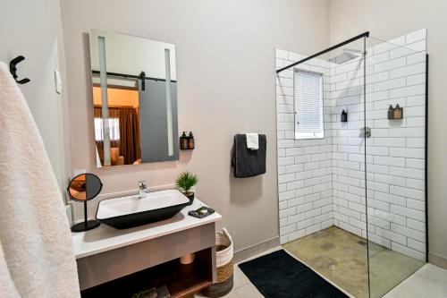 a bathroom with a sink and a shower at Summer PALACE Guesthouse in Bloemfontein