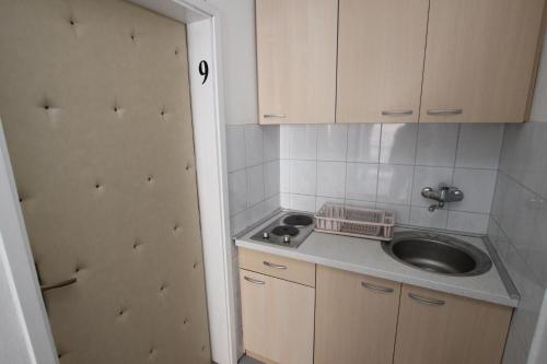 una pequeña cocina con fregadero y fregadero en Apartments Vila Nikolić Rafailovići, en Rafailovici
