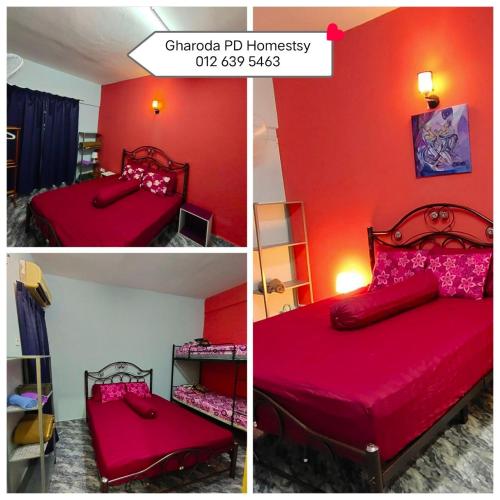 two pictures of a red bedroom with a bed at Gharoda PD Homestay BView in Port Dickson