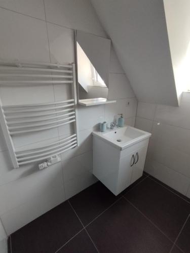 a white bathroom with a sink and a shower at Aparthotel Siegen in Siegen