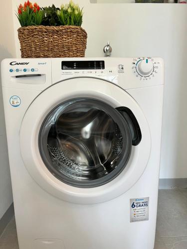 a white washing machine with two plants on top at Bnbook Cascina Crennese in Gallarate