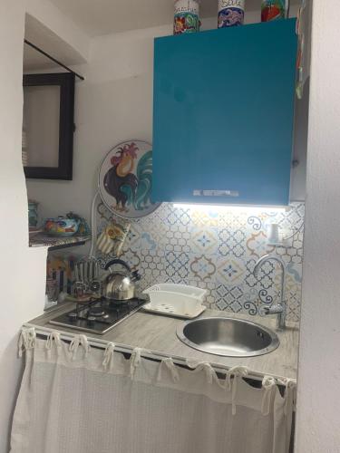 a kitchen counter with a sink and a blue cabinet at Holiday House del Teatro in Palermo