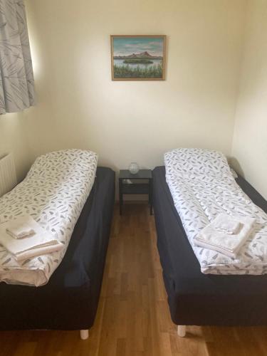 two twin beds in a room with a picture on the wall at The Writer´s Nest in Grundarfjordur