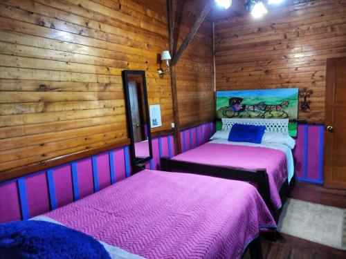 two beds in a room with wooden walls at Hotel Tibouchina in Filandia