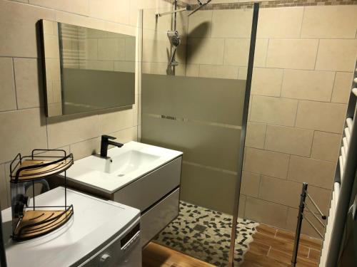 y baño con lavabo y ducha. en appartement 12 couchages proche piste ski et de randonnées du lioran, en Le Lioran