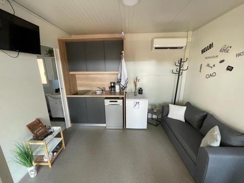 un piccolo soggiorno con divano e cucina di H&S Mobile Home a Privlaka (Brevilacqua)