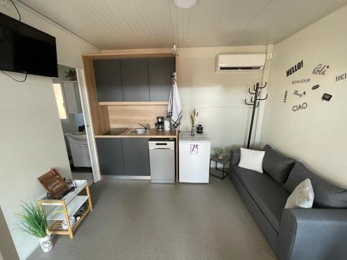 mały salon z kanapą i kuchnią w obiekcie H&S Mobile Home w mieście Privlaka
