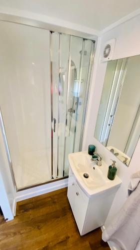 a bathroom with a white sink and a shower at Mar&Vi in Batizovce