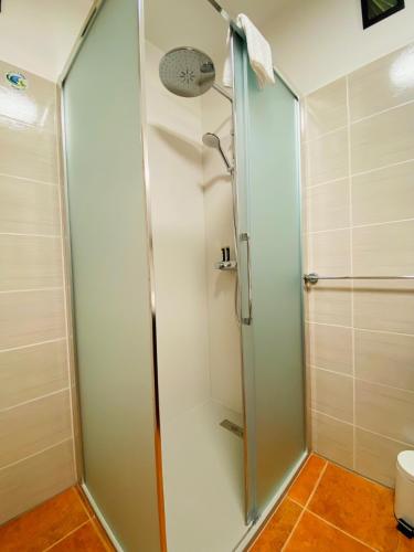 a shower with a glass door in a bathroom at Apartments Pri nas in Kobarid