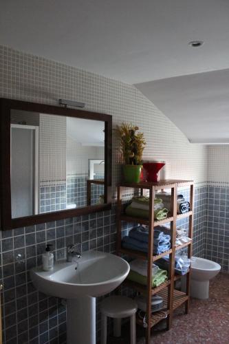 ein Badezimmer mit einem Waschbecken, einem Spiegel und einem WC in der Unterkunft Balcondel Turia in Villastar