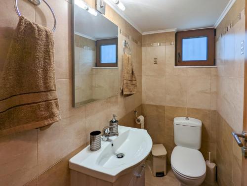 a bathroom with a sink and a toilet and a mirror at Tharenos home in Émbonas