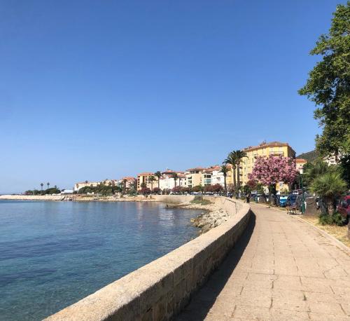 un trottoir à côté d'une masse d'eau avec des bâtiments dans l'établissement Ajaccio : appartement centre historique, à Ajaccio