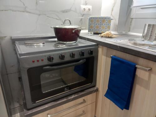a kitchen with a stove with a pot on it at Sandra's luxury stay in Akti Salonikiou