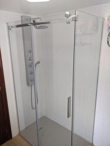 a shower with a glass door in a bathroom at A Casa do Río Bueu in Bueu