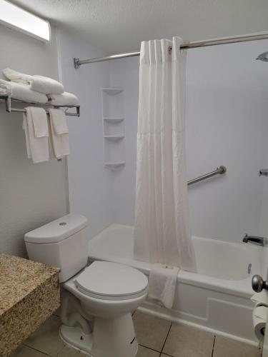 a white bathroom with a toilet and a shower at Quality Inn Rock Hill Northeast I-77 in Rock Hill