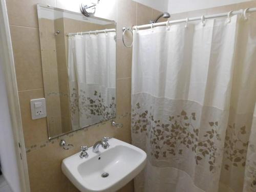 a bathroom with a sink and a shower curtain at Villasol Temporario in Córdoba