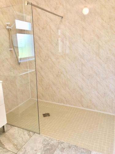a shower with a glass door in a bathroom at Loughgunnen Grove Lodge in Wexford
