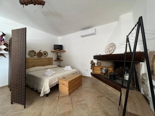 a bedroom with a bed and a piano at RusticHome in Torpè