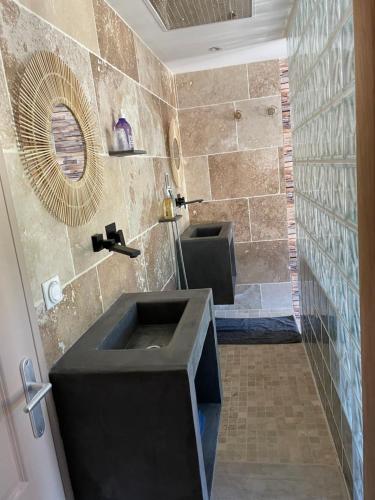 ein Bad mit einem schwarzen Waschbecken und einem Spiegel in der Unterkunft Suite tout confort in Montlaur-en-Diois