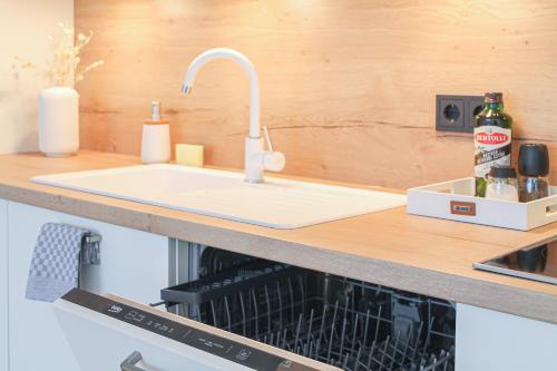 a kitchen counter with a sink and a dishwasher at Relax Apartment - für Familien, stadtnah, mit Parkplatz in Koblenz