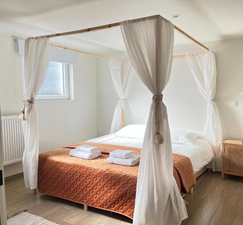 Vakantiewoning De Winning في Aan de Wolfsberg: غرفة نوم بها سرير مظلة مع المناشف عليها