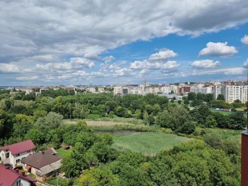une vue aérienne sur un parc avec des arbres et des bâtiments dans l'établissement СВІТЛО ЦІЛОДОБОВО Просторі апартаменти біля гідропарку Топільче, à Ternopil
