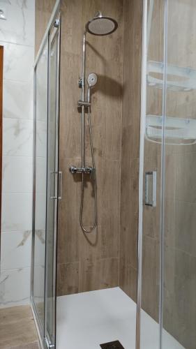 a shower stall with a glass door in a bathroom at Casa dos Avós in Vouzela