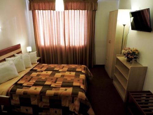 um quarto de hotel com uma cama e uma televisão em Hotel San Andres em Arequipa
