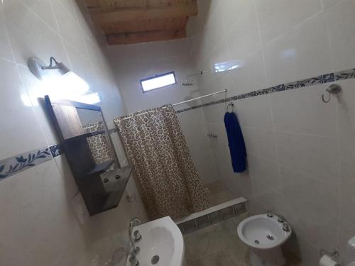 a bathroom with a sink and a toilet and a mirror at cabañas inti in Ullún