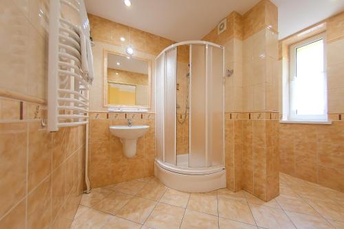 a bathroom with a shower and a sink at Rezydencja Izabella in Wisła