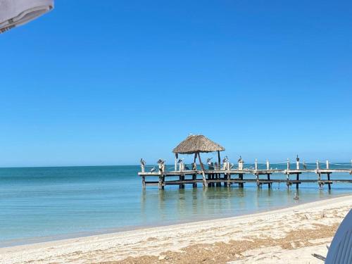 a group of people sitting on a pier on the beach at Two bedroom beachfront villa Celestun in Celestún