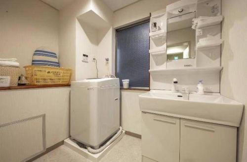 W łazience znajduje się umywalka, toaleta i lustro. w obiekcie AN HOTEL w Tokio