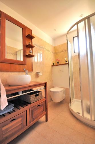 une salle de bain avec toilettes, lavabo et douche dans l'établissement Chez Aline et Jean Pierre, à Toga