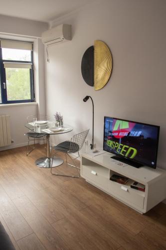 a living room with a tv and a table and a tv stand at Iassium Residence Iasi in Iaşi
