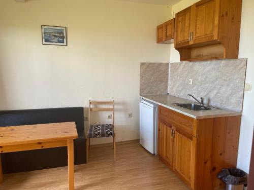een kleine keuken met een gootsteen en een houten tafel bij Complex Terazini in Byala