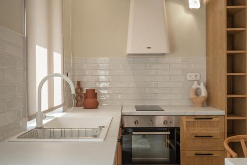 kuchnia ze zlewem i kuchenką w obiekcie PAPADRIA VILLAS - Modern Luxury villas near Kathisma Beach w mieście Tsoukalades