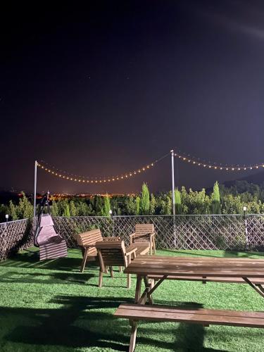 a group of benches sitting in a field at night at Hamsa Suite in Mas'ade