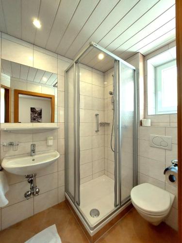 a bathroom with a shower and a toilet and a sink at Pension Appartements Gabriele in Bad Gastein