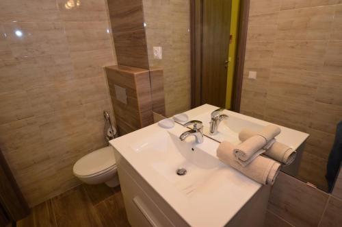 a bathroom with a white sink and a toilet at Fig Tree House in Budapest