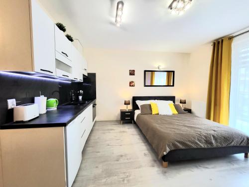 a bedroom with a bed and a black counter at Cracow NOVUM Apartment Downtown free parking 4 os in Kraków