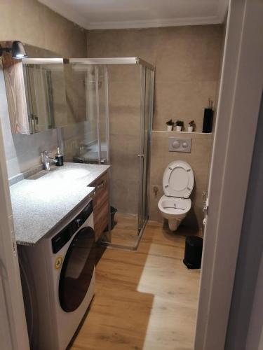 een badkamer met een toilet, een wastafel en een douche bij House KA Naz in Canakkale