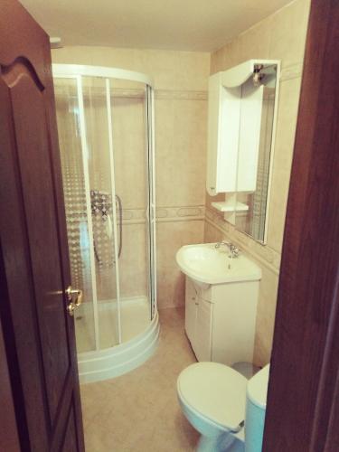 a bathroom with a shower and a toilet and a sink at GD Apartament in Bansko